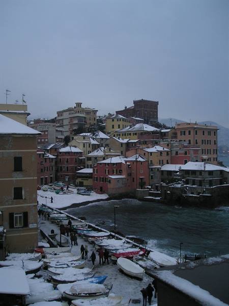 Snowy Boccadasse: colored boats ashore and houses overlooking the sea