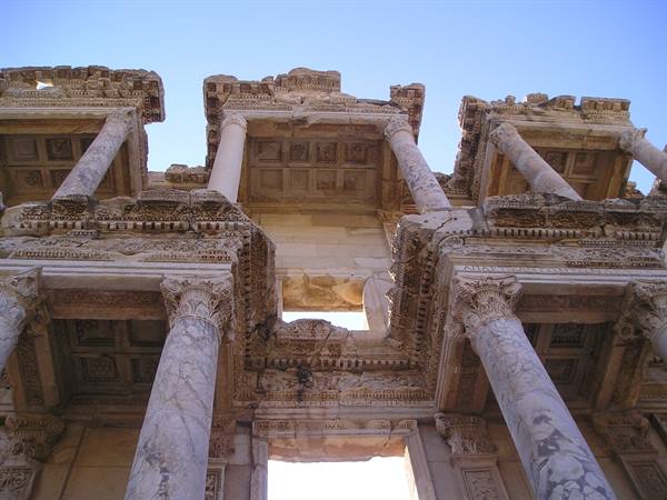 Marble columns and carved capitals of the Library of Celsus in Ephesus