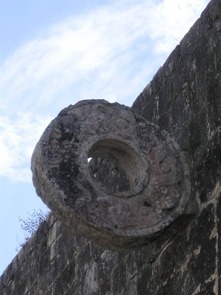 Carved stone ring on the Maya ballcourt wall at Chichen Itza