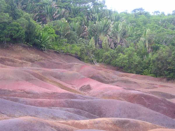 Seven Coloured Earths at Chamarel, red sand dunes beneath lush tropical vegetation