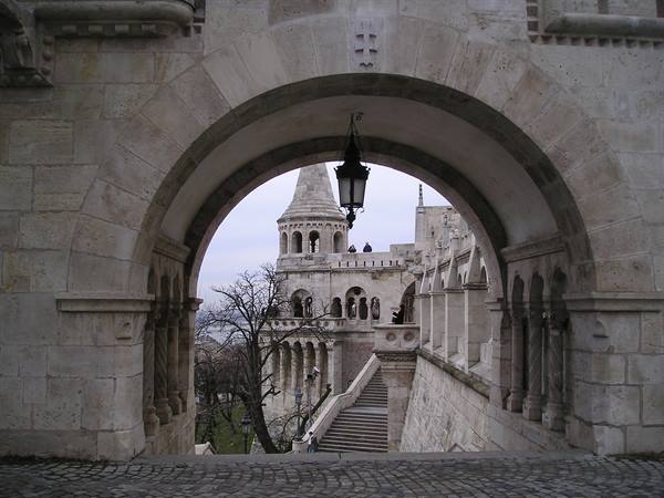 Fisherman's Bastion in Budapest: stone arch with lantern and staircase