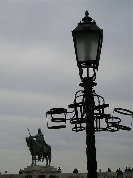 Wrought iron lamppost before the equestrian statue of King Stephen, Budapest