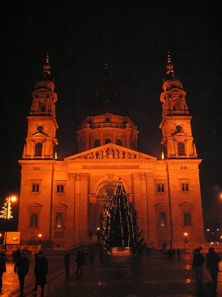 St Stephen's Basilica in Budapest lit at night with Christmas tree