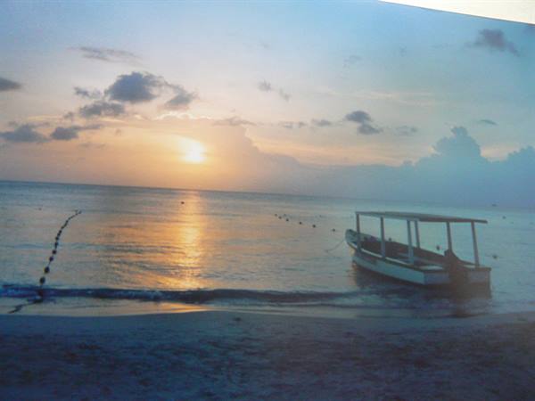 Wooden canopy boat moored on the sandy beach at sunrise