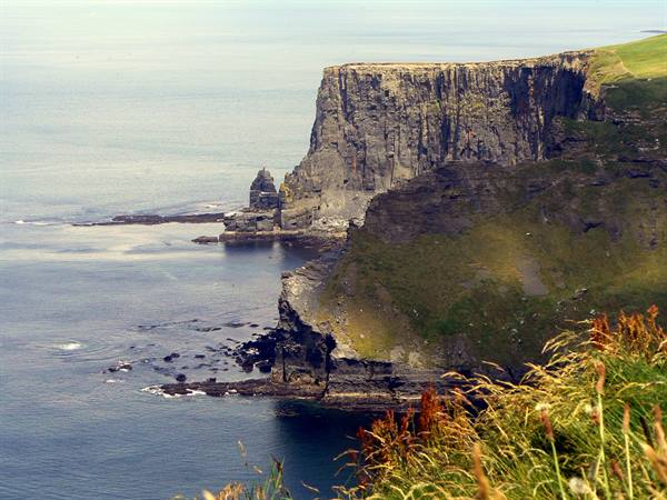 Cliffs of Moher, rock walls above the Atlantic with grasses in foreground