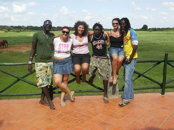 Friends posing on tiled terrace behind green fence, elephants grazing on grassy savanna