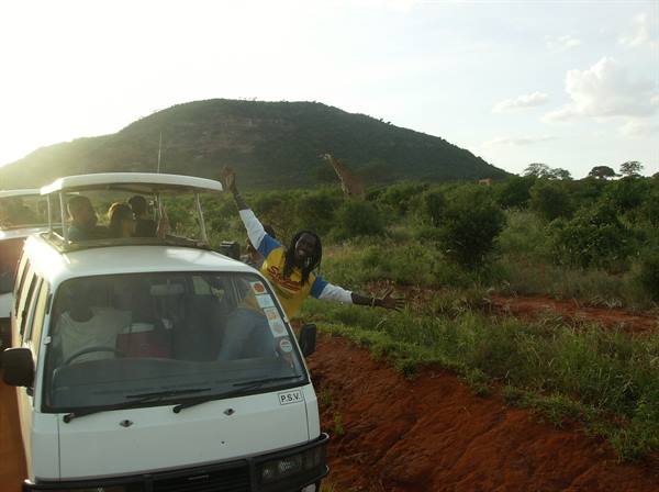 Dreadlocked guide waves from window, tourists on minibus roof, red savanna and giraffes