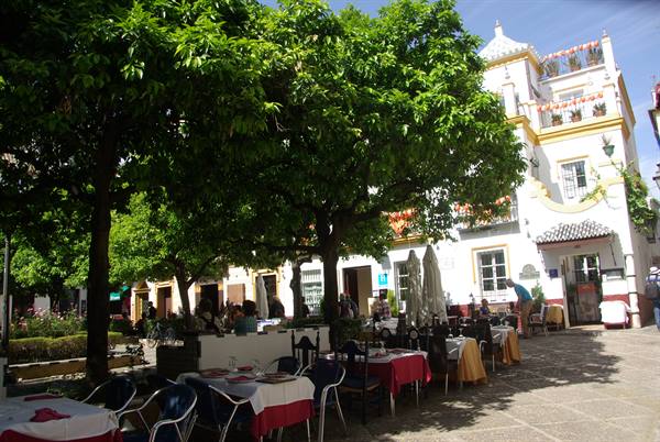 Outdoor restaurant tables under leafy trees, sunny white and yellow building