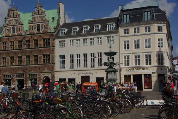 Hundreds of bicycles on Amagertorv square by the Stork Fountain, Copenhagen