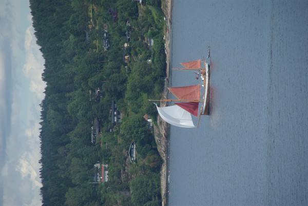 Sailboat with red and white sails near a wooded shore with houses