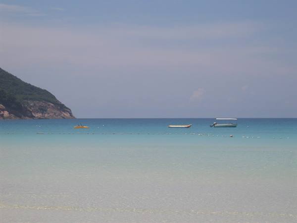 Boats on turquoise water in front of green coastline, clear sky