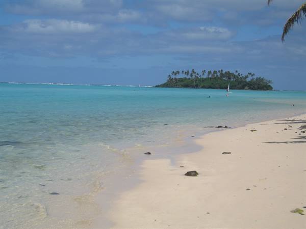 White sand beach with turquoise water and a palm-covered islet