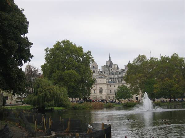 Fountain and ducks on the lake in St James's Park, London, before Horse Guards