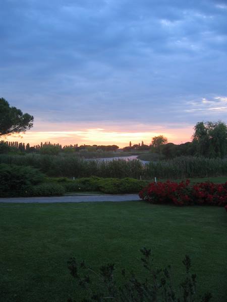 Green lawn with red flowering shrubs in front of a lagoon at dawn