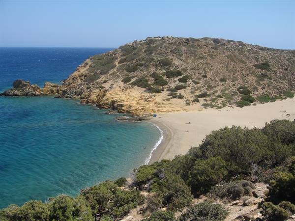 Sandy beach with turquoise water beneath dry hill, green bushes in foreground