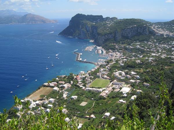 Capri harbor with boats and white houses among greenery, bright midday light