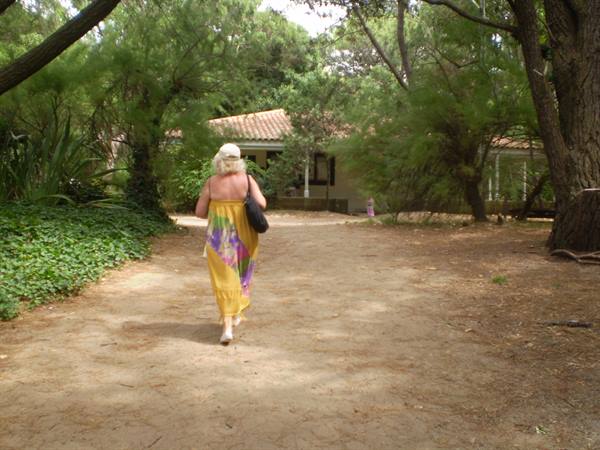 Woman in yellow dress walks toward a house among trees