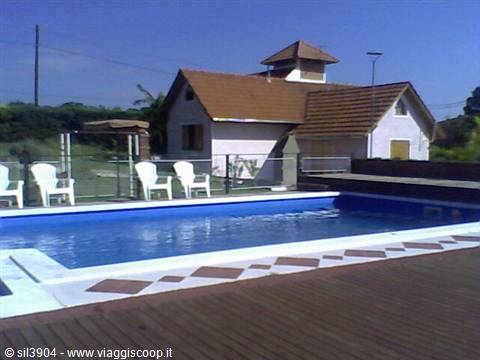 Blue swimming pool with tiled edge, white lounge chairs and red-roofed house