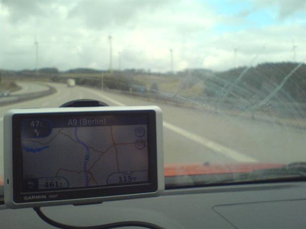 Garmin GPS shows the A9 toward Berlin from the highway