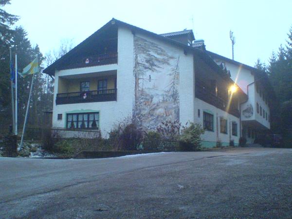 Building with painted mural among trees, light glowing at dusk