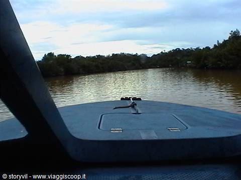 Dark metal boat bow moving along a brown river lined with dense green trees