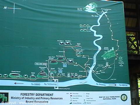 Green information board with a map of Ulu Temburong National Park