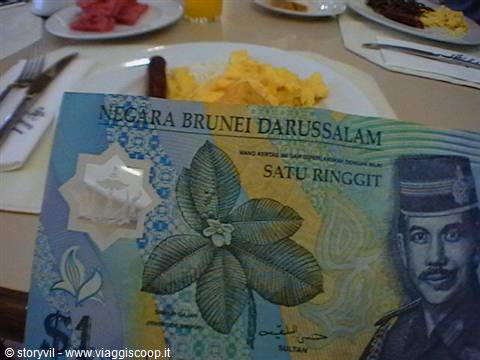 One ringgit Brunei banknote in foreground, breakfast with scrambled eggs on the table