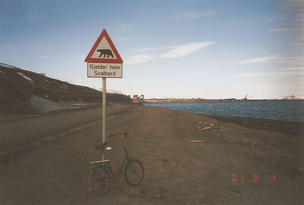 Polar bear warning sign 'Gjelder hele Svalbard' with bicycle near the sea