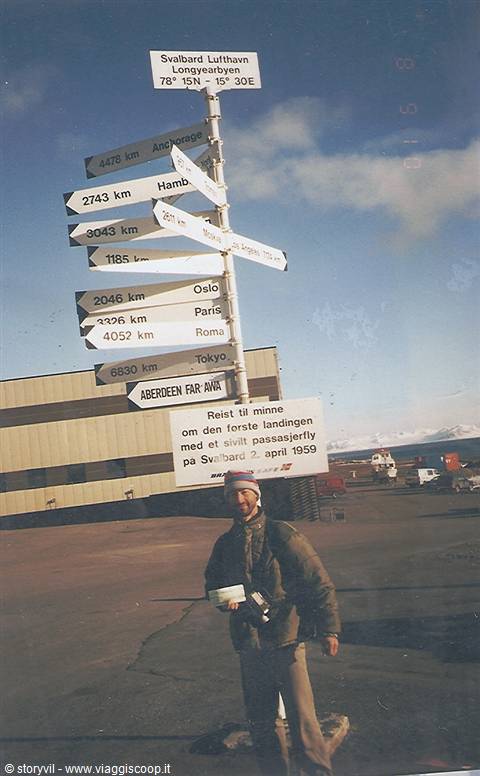 Man beneath the directional signpost at Longyearbyen airport, Svalbard