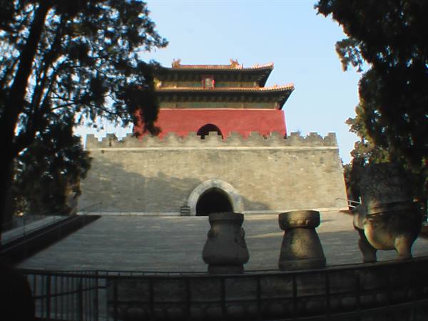 Stone-walled stele tower with red pavilion, sacred vases, Ming Tombs