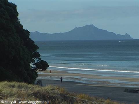 Sandy beach with trees on the left and volcanic island on the horizon