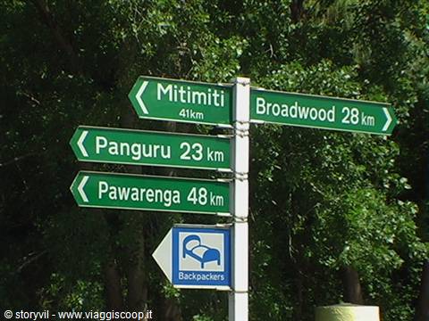 Green directional signs point to Mitimiti, Panguru and Broadwood among green trees