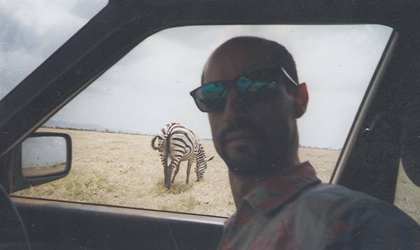 Man in sunglasses inside a car, a zebra grazes on dry grass outside