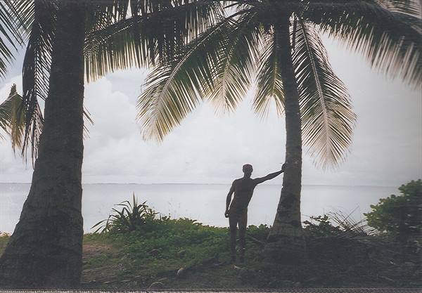 Man leaning against a palm tree on grassy shore, calm sea under cloudy sky