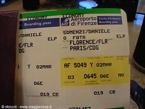 Air France boarding pass Florence to Paris resting on passport