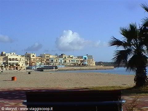 Palm tree, sand and low buildings on San Vito Lo Capo beach