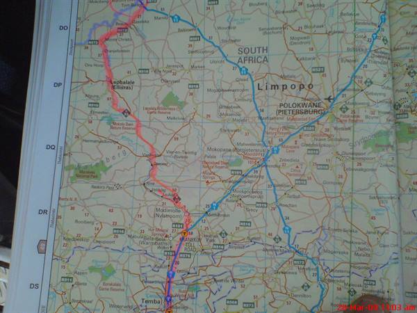 Paper map of Limpopo with the travel route marked in pink and blue