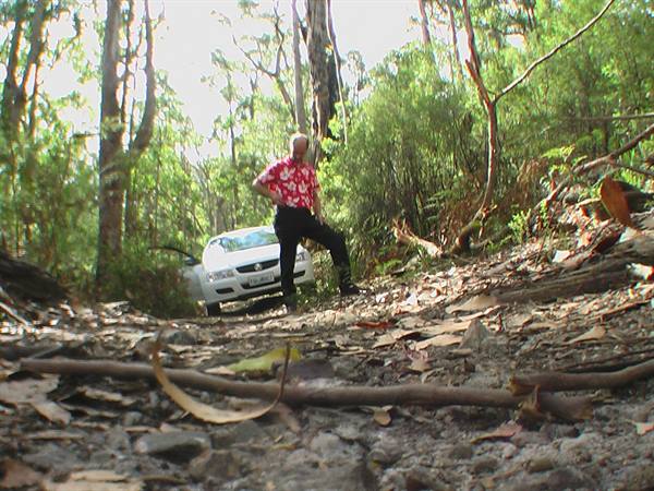 Man in red shirt beside a white car among the trees