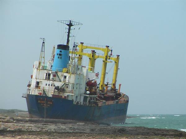 Stranded cargo ship on rocky beach, yellow cranes, rusty hull, grey sky