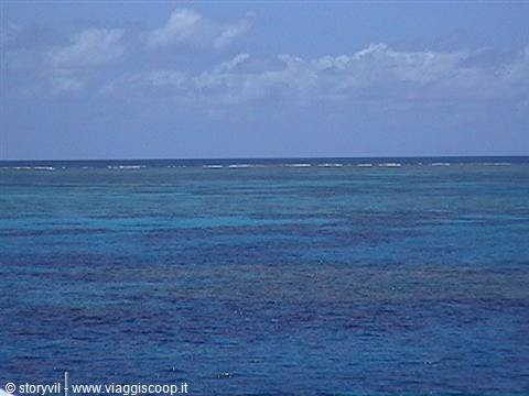 Turquoise ocean with reef breaking the surface under white clouds