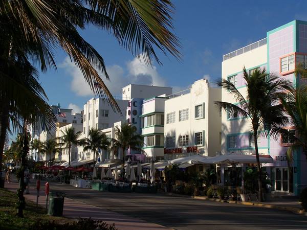 Palms and Art Deco buildings along Ocean Drive, Miami Beach