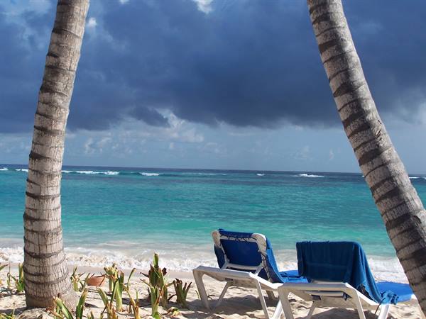 Two empty lounge chairs with blue towels among palms on sand by the turquoise sea