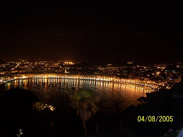 San Sebastián's La Concha bay at night, yellow lights reflecting on water, palm tree