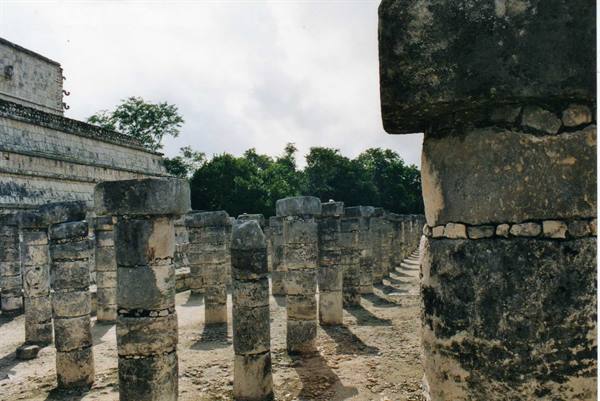 Rows of carved stone columns at the Temple of Warriors, Chichén Itzá