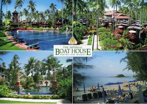 Pool, wooden bungalows and beach with blue umbrellas at Imperial Boat House, Ko Samui