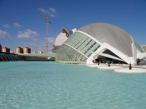 The Hemisfèric at Valencia's City of Arts and Sciences reflects in the turquoise pool