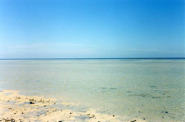 Shallow clear water over pale sand, empty beach under blue sky