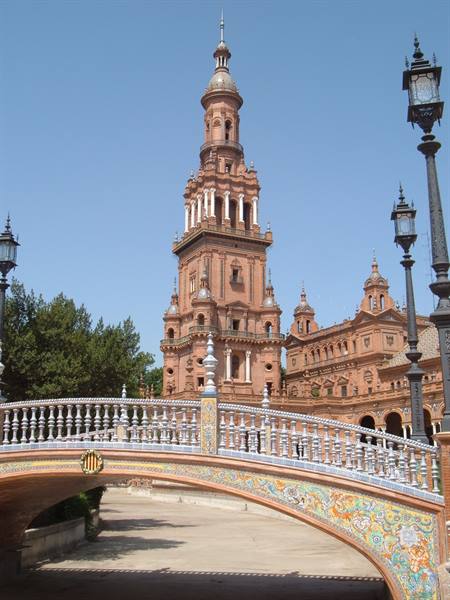 Brick tower and tiled bridge at Plaza de España, Seville