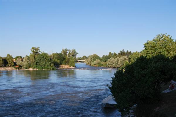 Wide river with rippling water, trees along banks, bridge in distance