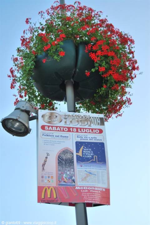 Palermo di Lodi 2009 festival poster on pole with red flowers and street lamp